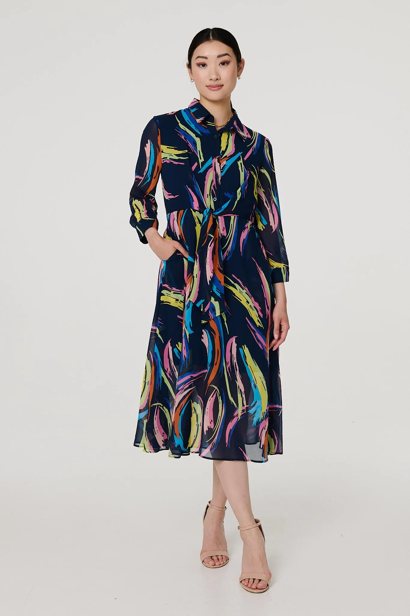 Abstract Tie Front Midi Shirt Dress