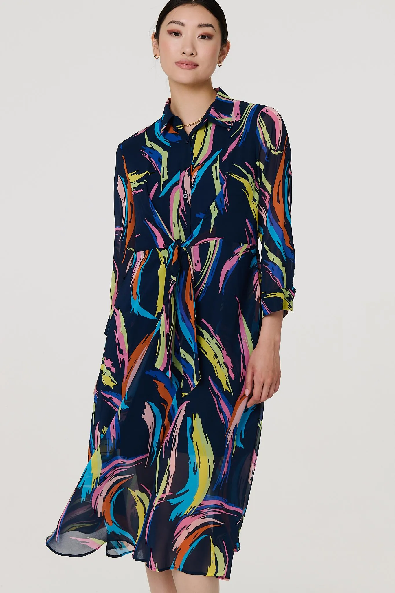 Abstract Tie Front Midi Shirt Dress