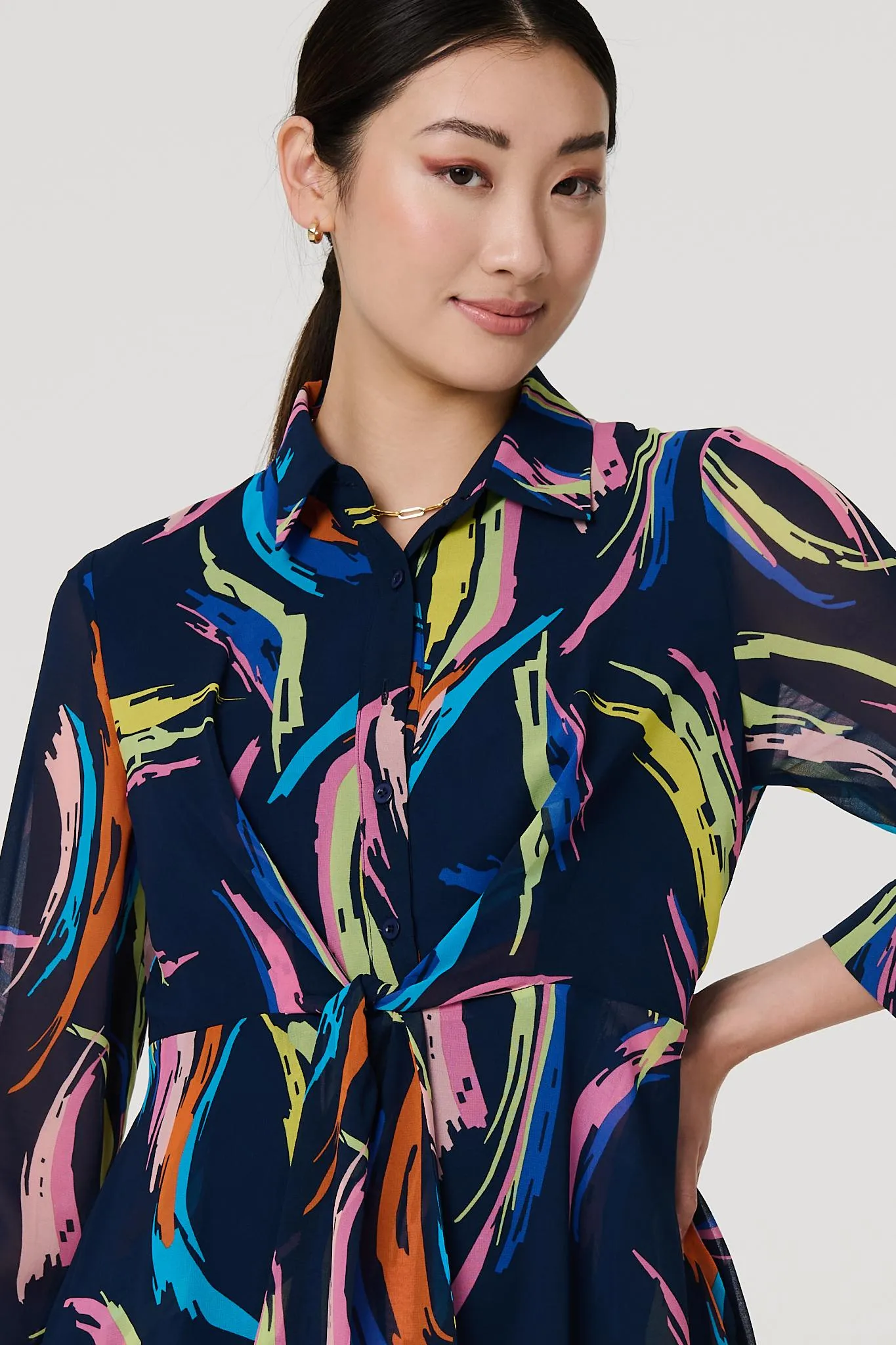 Abstract Tie Front Midi Shirt Dress