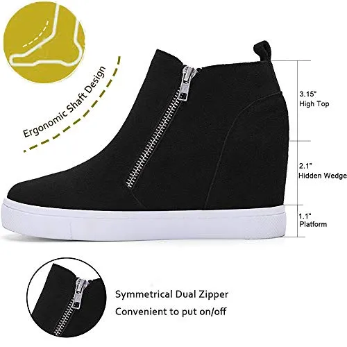 Athlefit Women's Hidden Wedge Sneakers Platform Booties Casual Shoes Wedgie Sneakers Size 6 Black