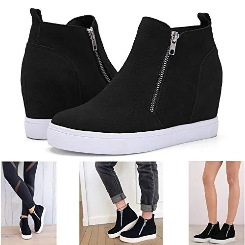 Athlefit Women's Hidden Wedge Sneakers Platform Booties Casual Shoes Wedgie Sneakers Size 6 Black