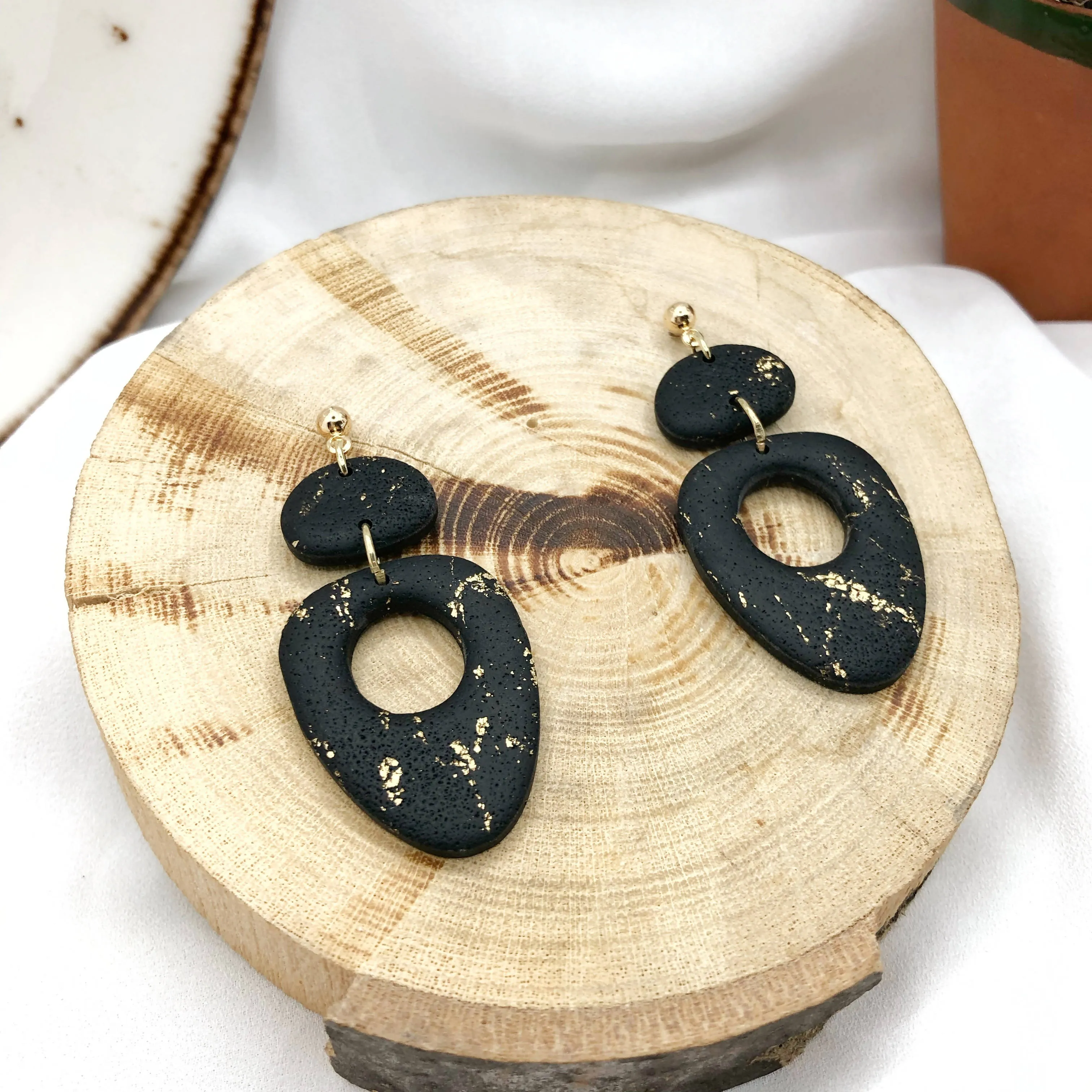 Black Handmade Polymer Clay Earrings - Anti Allergic Ear Backs