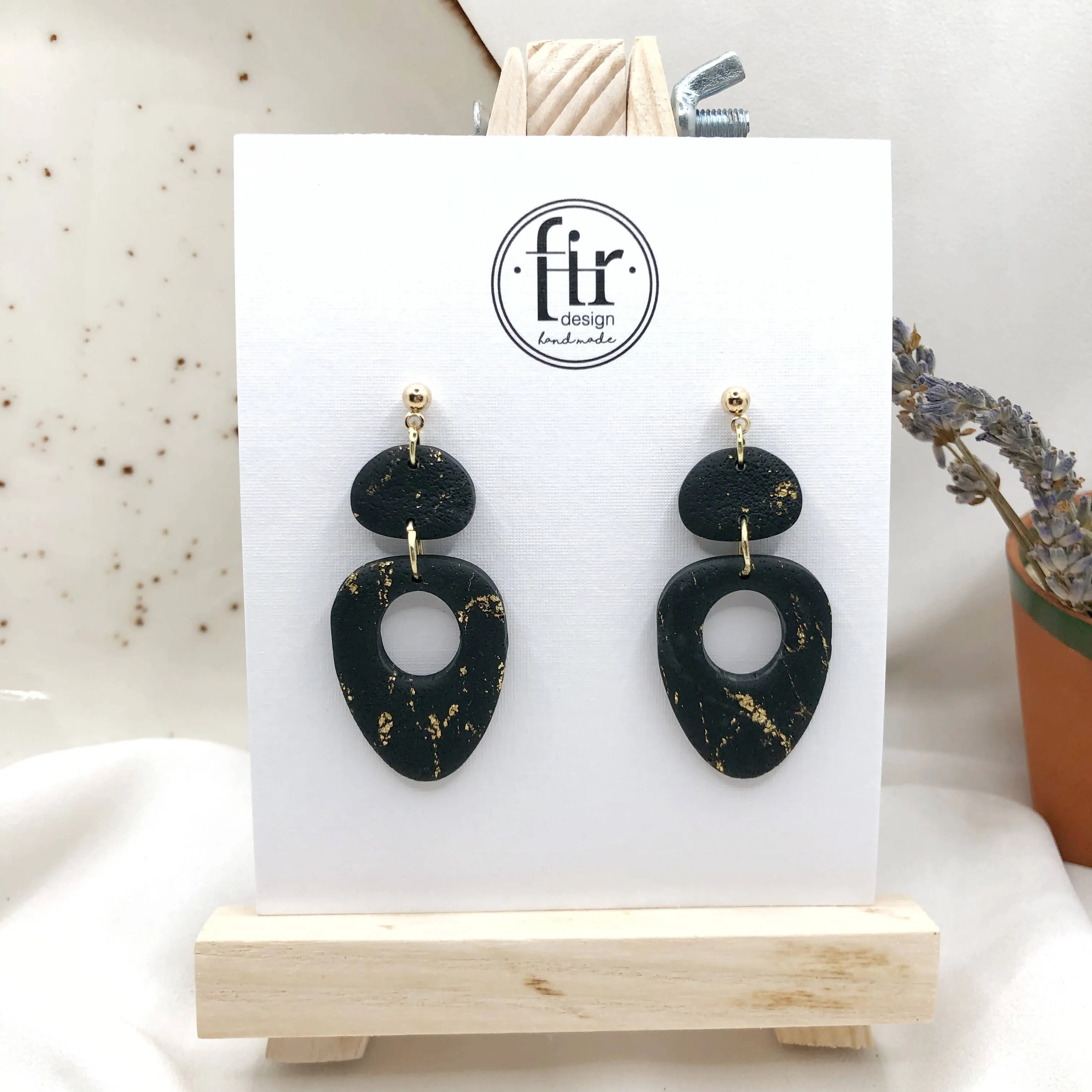 Black Handmade Polymer Clay Earrings - Anti Allergic Ear Backs