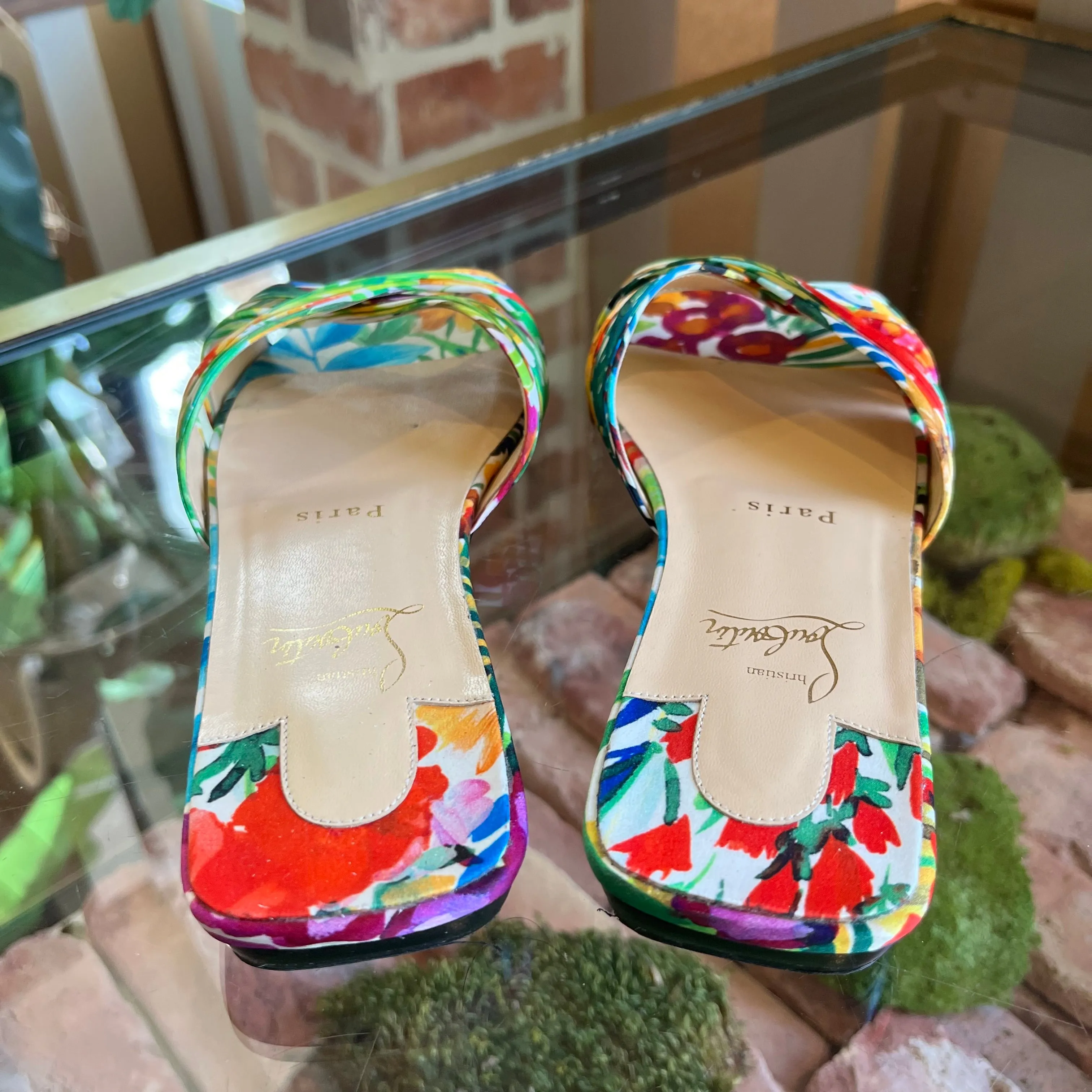 CHRISTIAN LOUBOUTIN Floral Print Satin Flat Sandals SZ 37