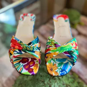 CHRISTIAN LOUBOUTIN Floral Print Satin Flat Sandals SZ 37