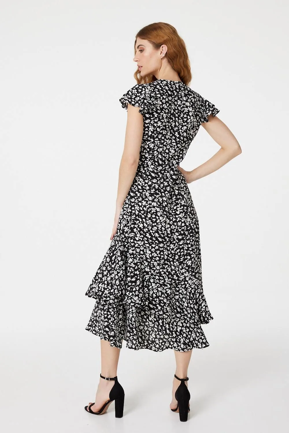 Ditsy Print V-Neck Frilled Midi Dress