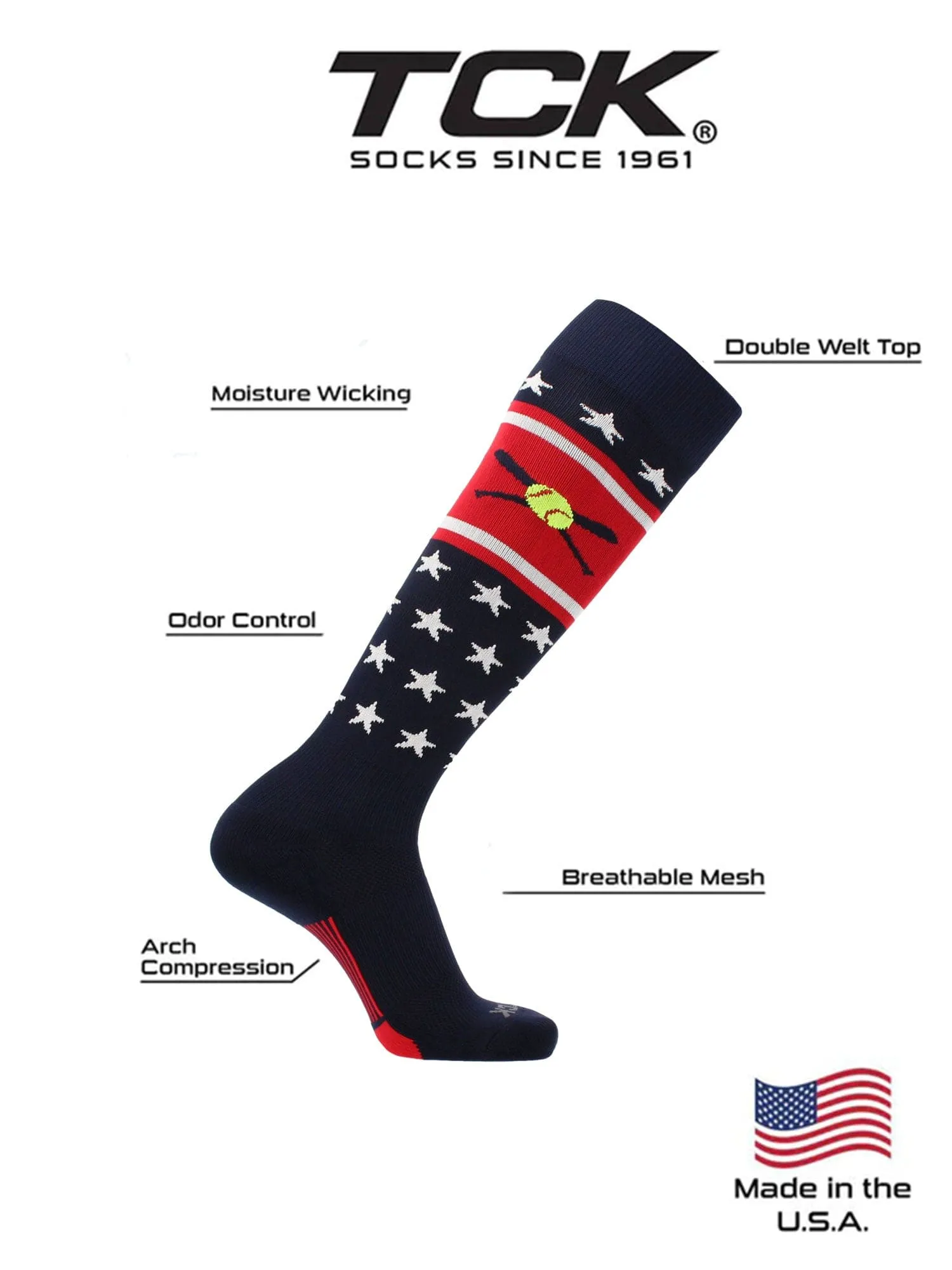 Patriotic USA Softball Socks with Softball Bats Logo