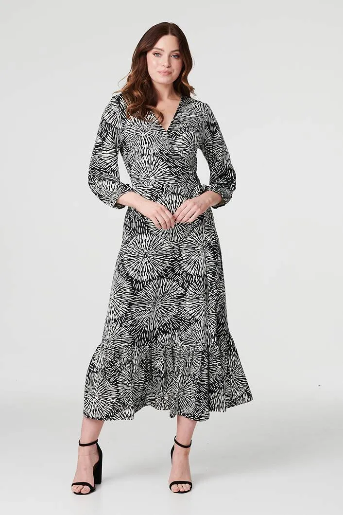 Printed 3/4 Sleeve Midi Wrap Dress