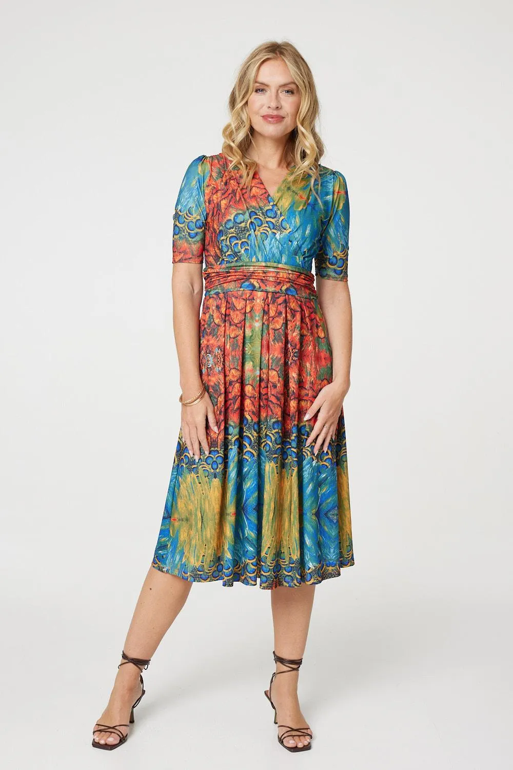 Printed Ruched Waist Faux Wrap Midi Dress