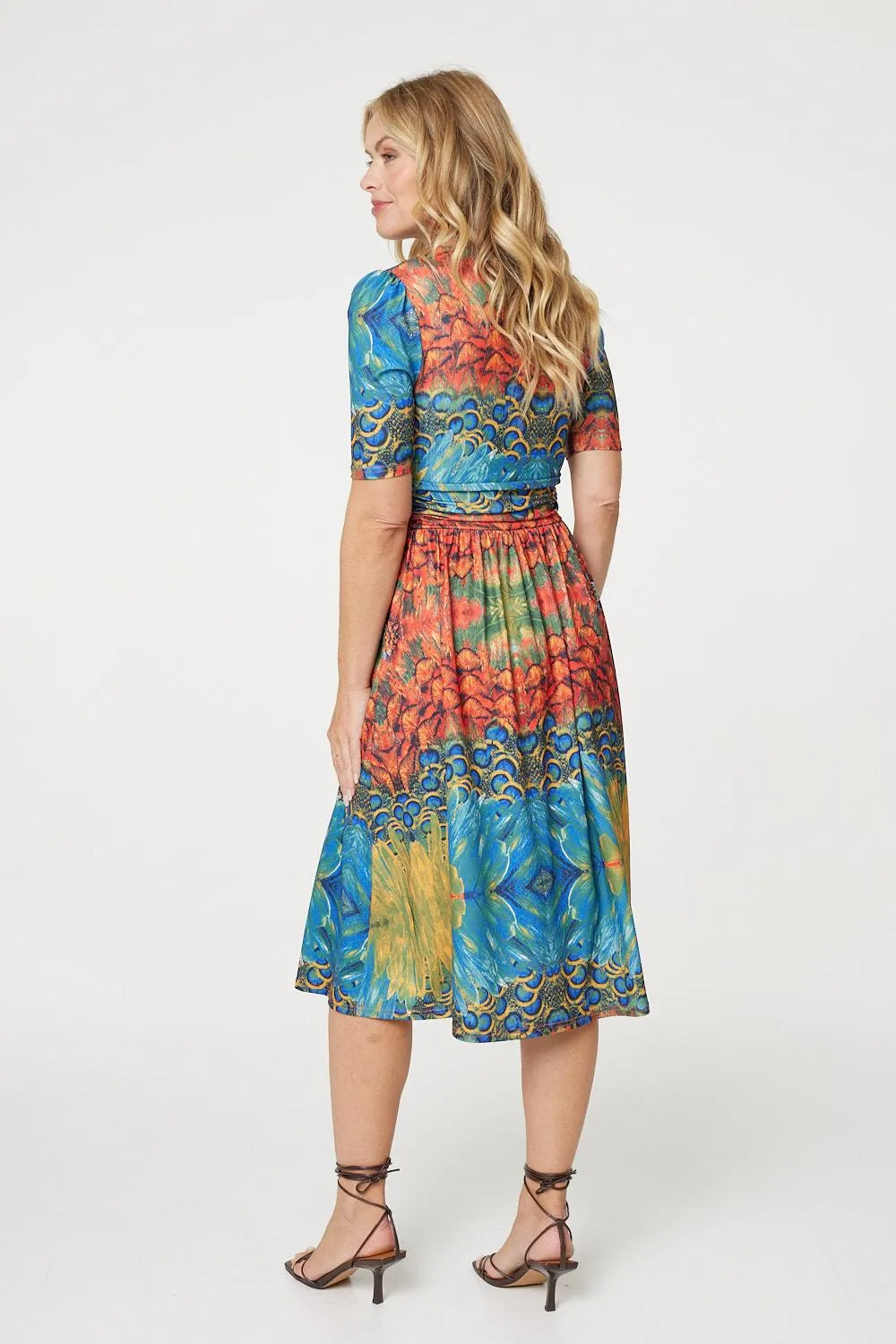 Printed Ruched Waist Faux Wrap Midi Dress