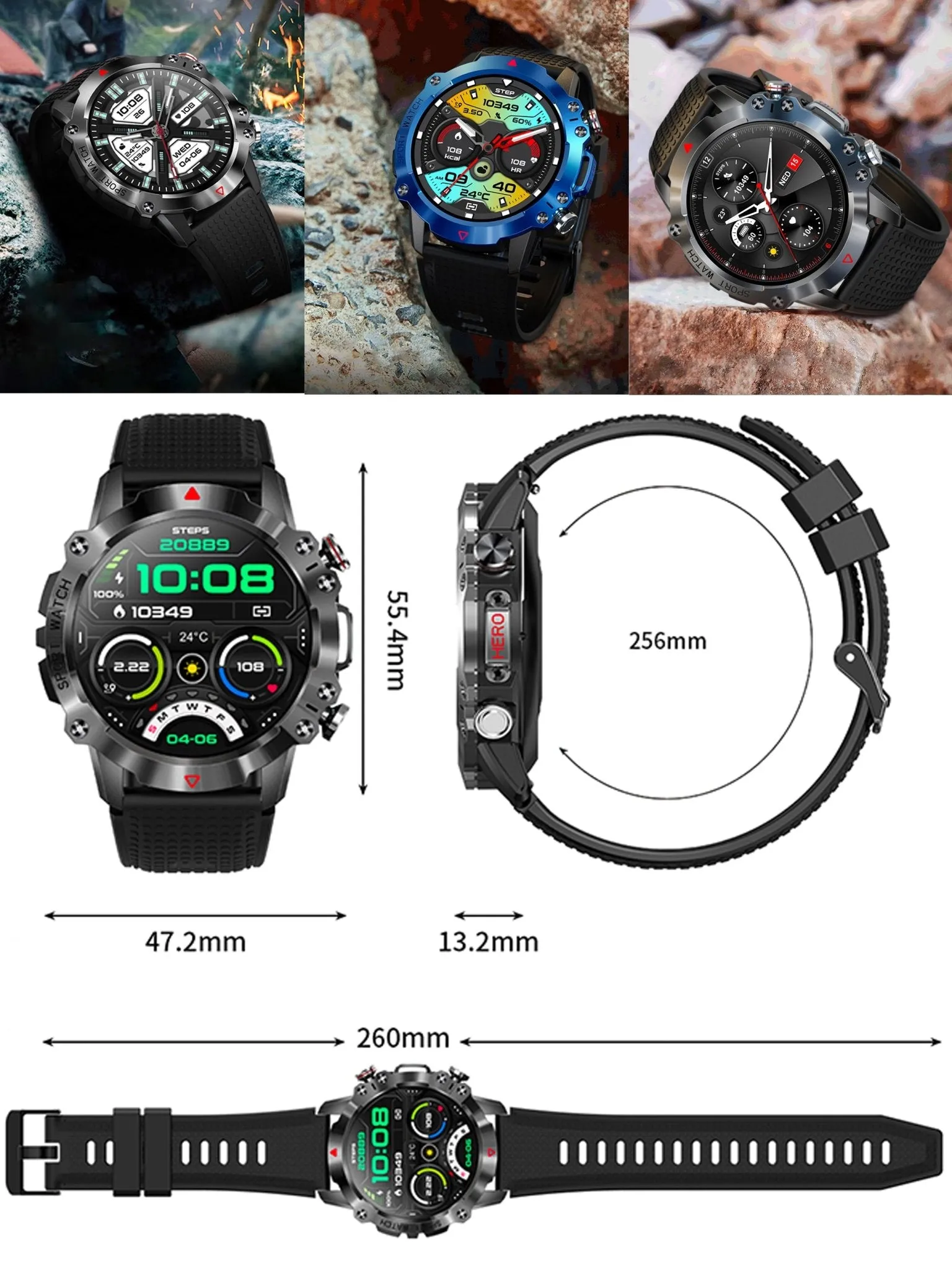 TELSA UK - Waterproof Smart Watch T410 Sports & fitness digital Watch military style mens with Touch Screen display, Fitness Watch, Smart Watch for men IOS & Android