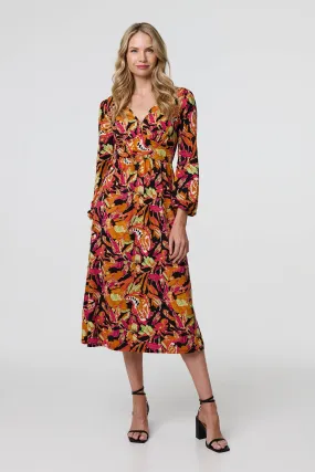 Tropical Floral Print Long Sleeve Midi Dress