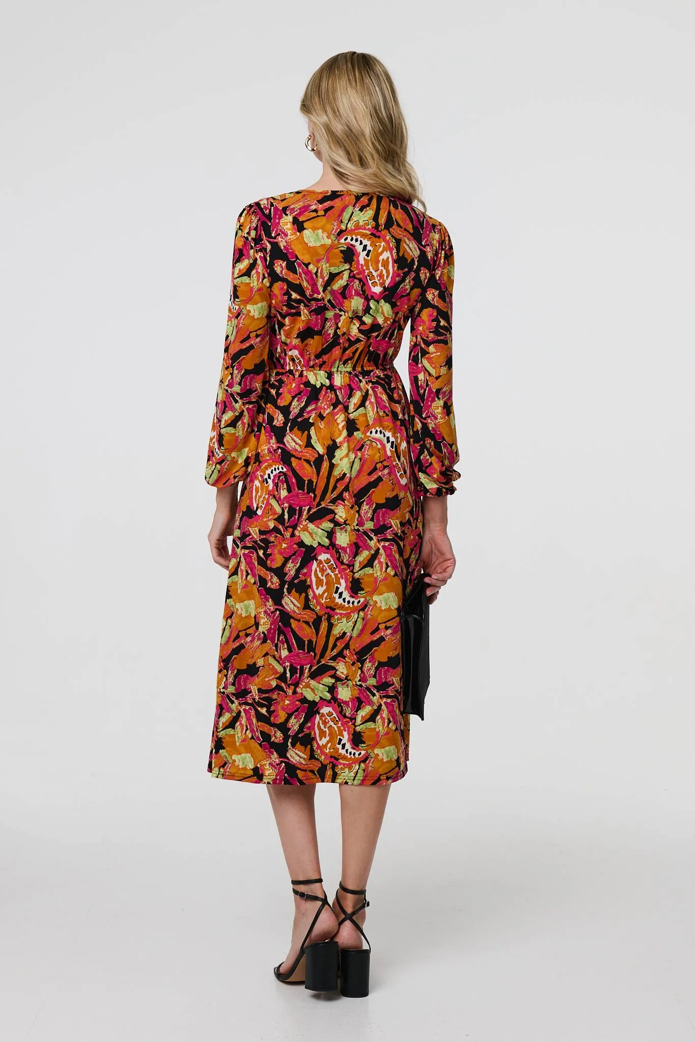 Tropical Floral Print Long Sleeve Midi Dress