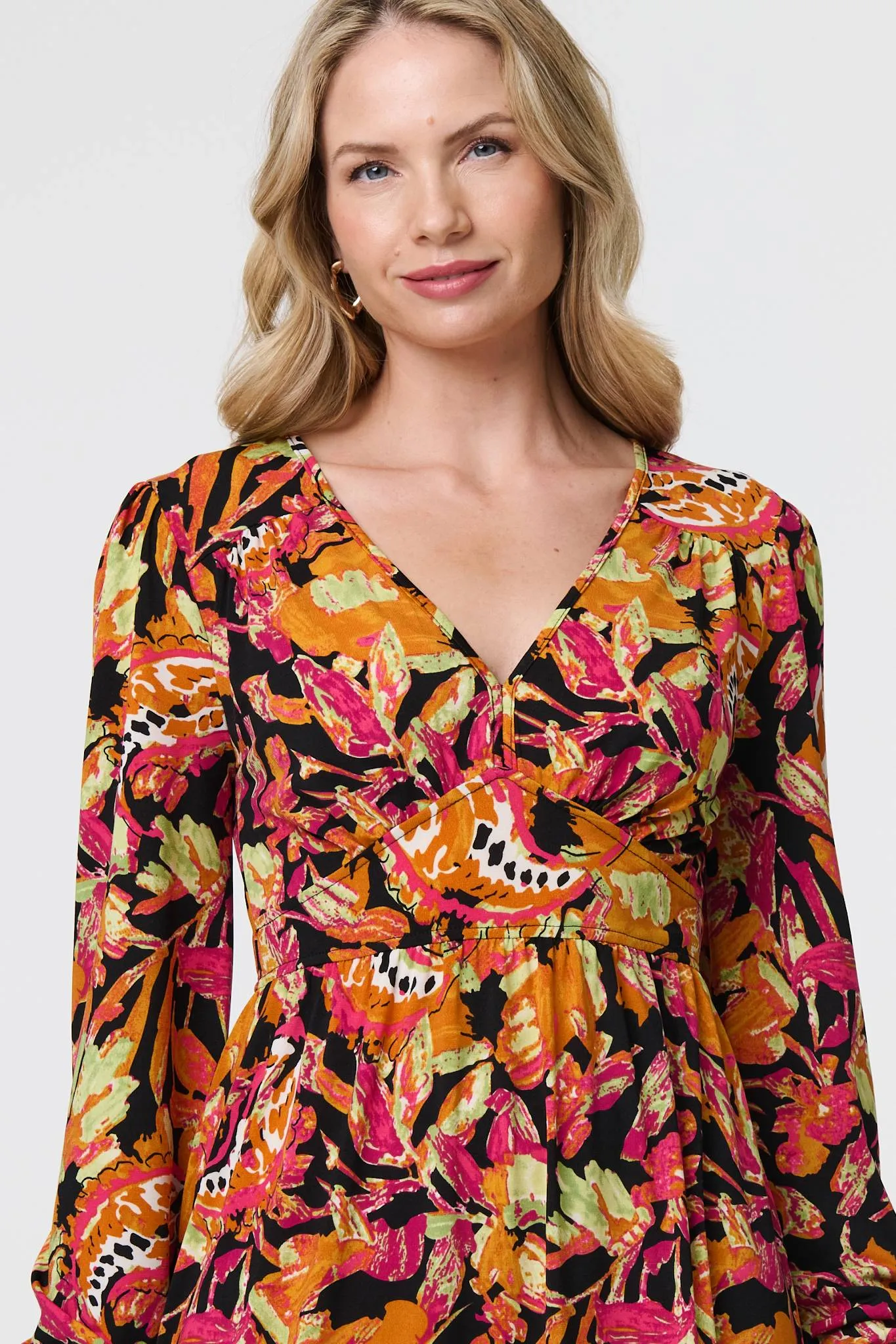 Tropical Floral Print Long Sleeve Midi Dress