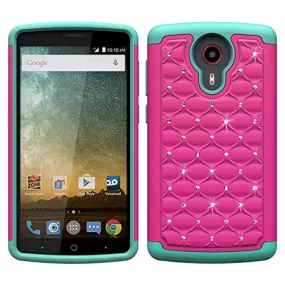 ZTE Ultra Case | ZTE Uhura | ZTE Quest Case, Slim Rhinestone Hybrid Dual Layer [Shock Resistant] Case for ZTE Ultra/Quest/Uhura - Hot Pink/Teal