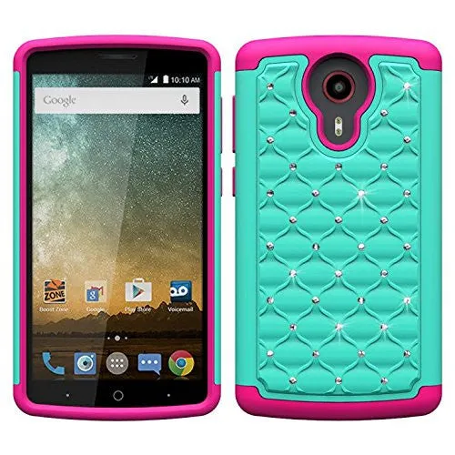 ZTE Ultra Case | ZTE Uhura | ZTE Quest Case, Slim Rhinestone Hybrid Dual Layer [Shock Resistant] Case for ZTE Ultra/Quest/Uhura - Teal/Hot Pink